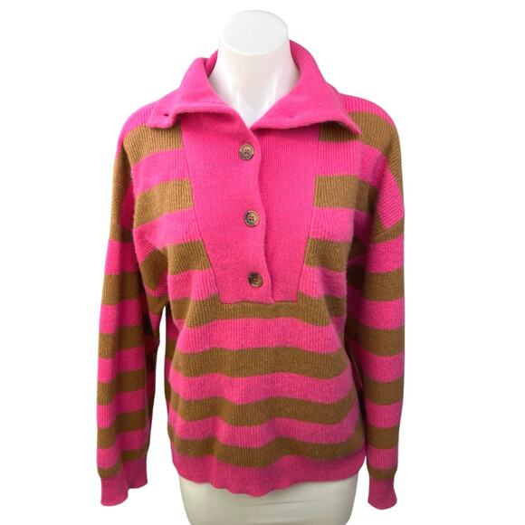 Xirena Rafferty Pink Brown 100% Cashmere Striped Button Collar Sweater Top Sz S - Picture 1 of 5
